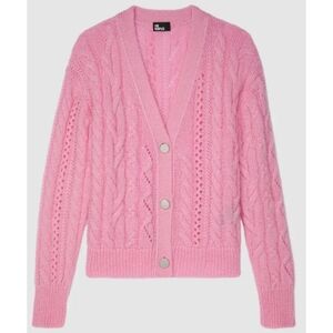 NWT The Kooples V Neck Cable Weave Knitted Cardigan, Size FR 3/US 8, Color Pink